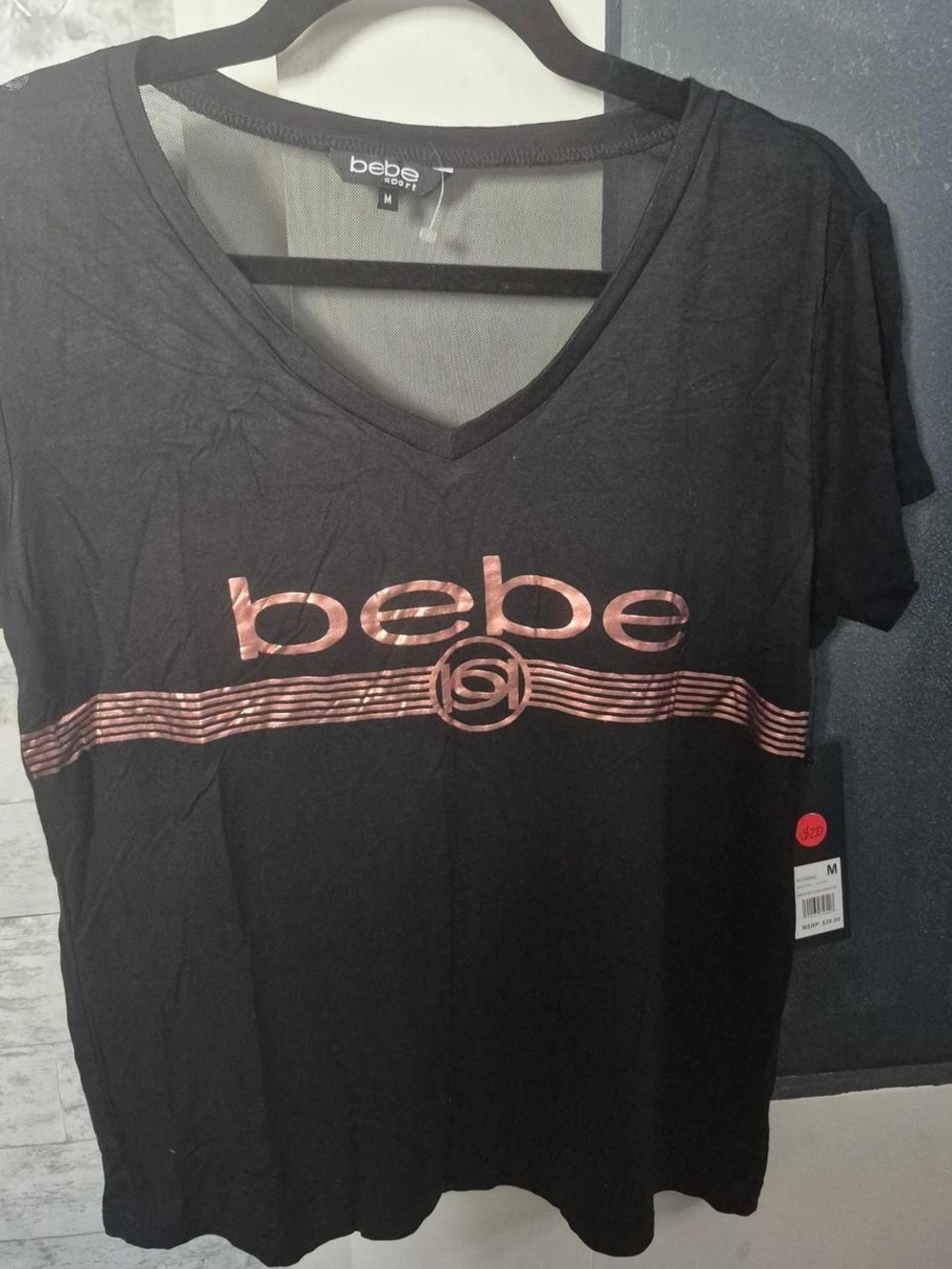 bebe Black V-Neck Tee with Rose Gold Logo and Stripe